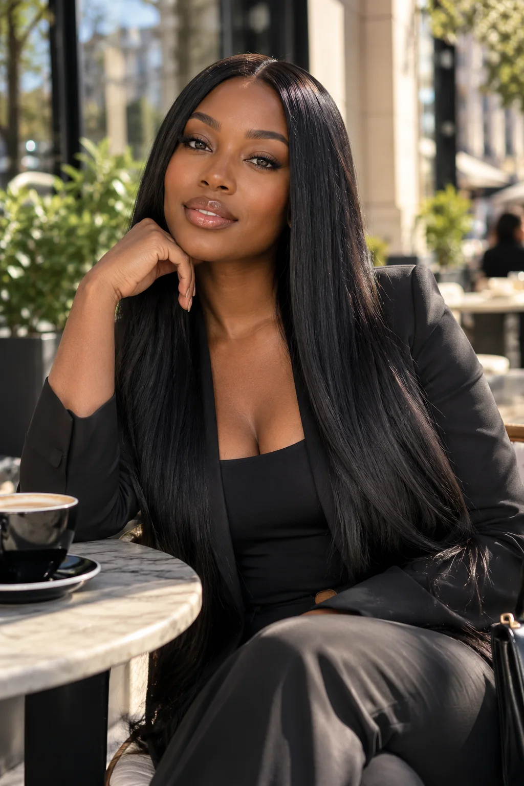 Woman styling long straight hair